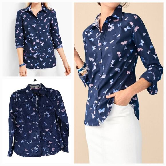 Talbots Petites Classic Casual Shirt Tossed Butterfly Button Down Long Sleeve - Picture 2 of 12